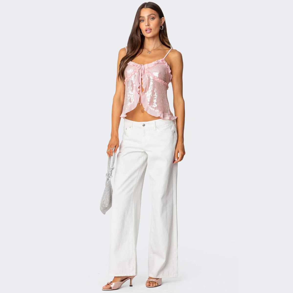 Top court dos nu femme – Sequins brillants – Coupe ajustée – Volants décoratifs