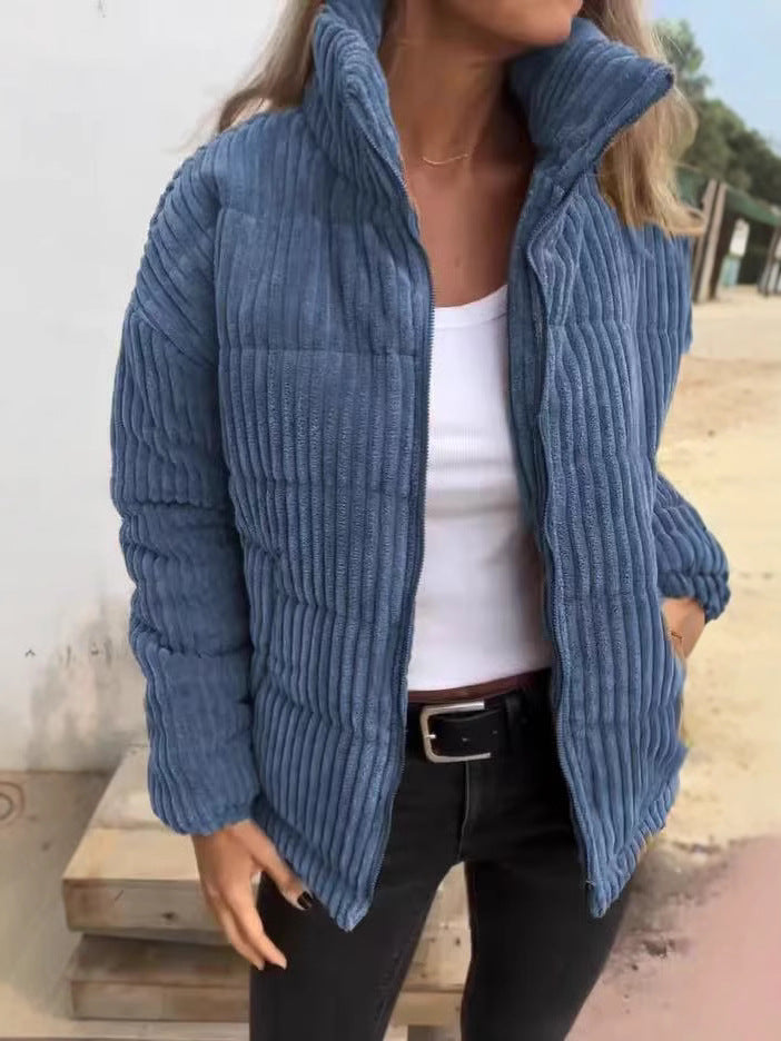Veste femme en velours côtelé – Coupe décontractée – Longueur courte – Col montant – Fermeture zippée