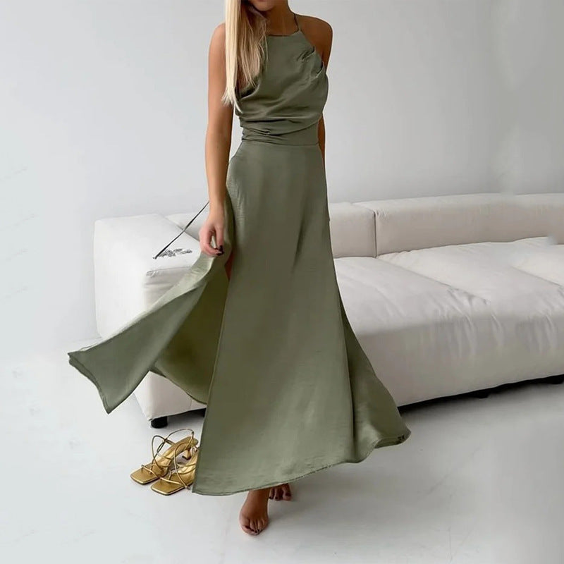 Robe longue femme – Coupe slim – Tissu soyeux fluide – Dos nu – Fente côté