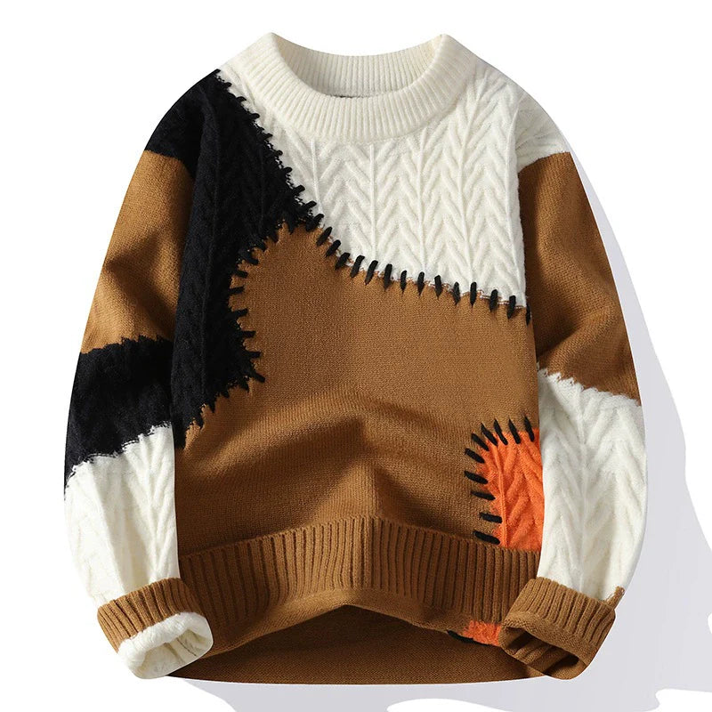 Homme Pull - Maille Multi-textures - Coupe ample - Col rond côtelé
