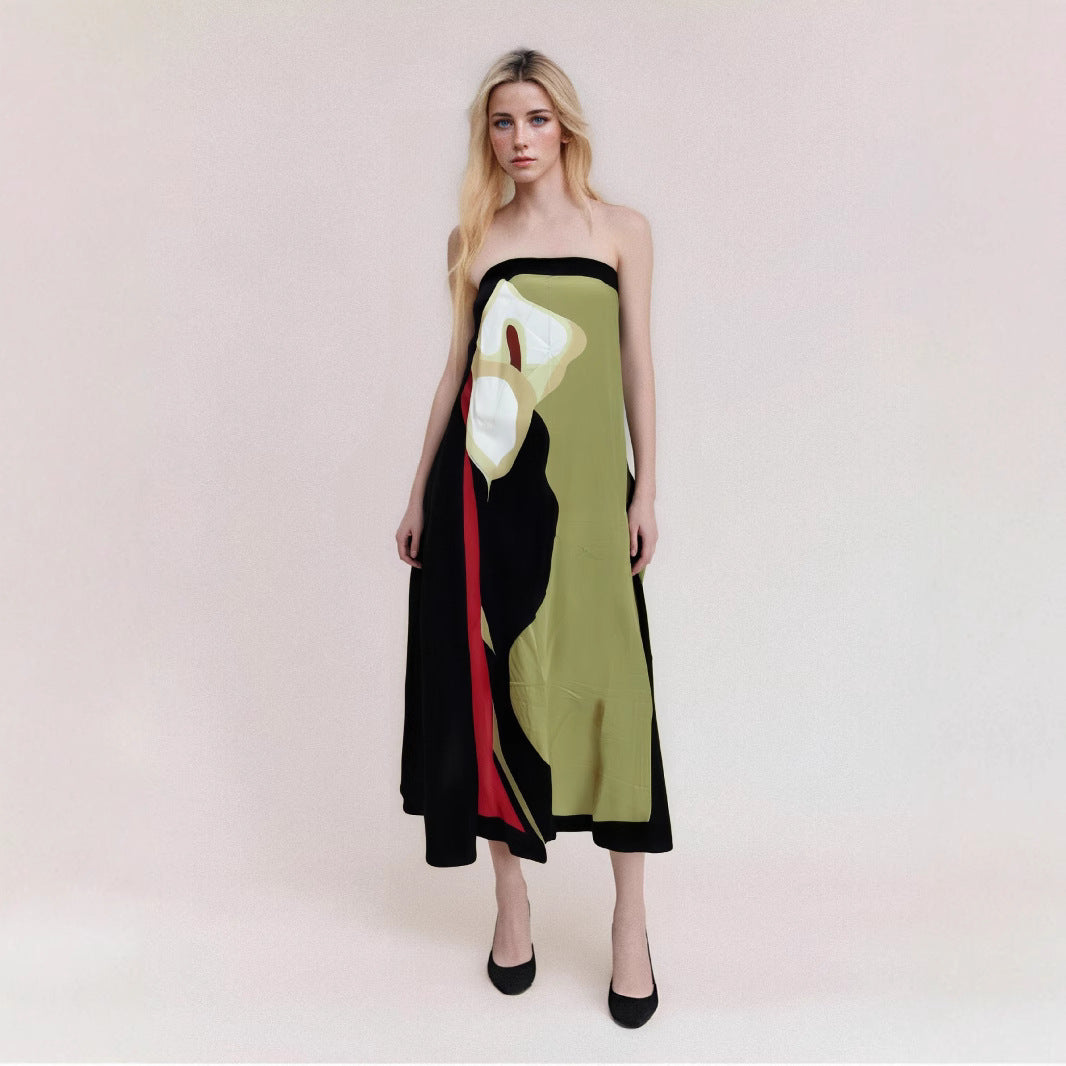 Robe midi femme – Sans bretelles – Coupe fluide – Tissu léger imprimé abstrait