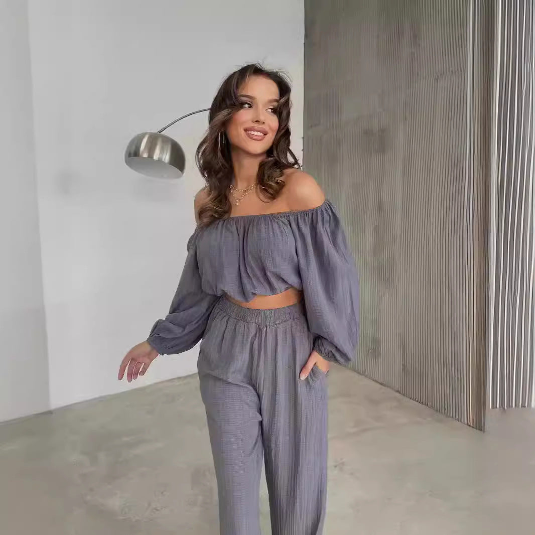 Ensemble Femme Deux Pièces – Top Épaules Dénudées – Manches Longues – Pantalon Large Taille Haute