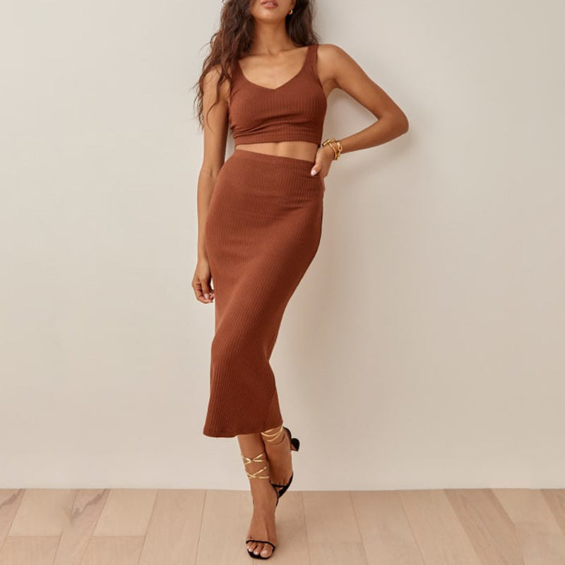 Ensemble femme – Top court en maille côtelée et jupe midi taille haute – Coupe slim