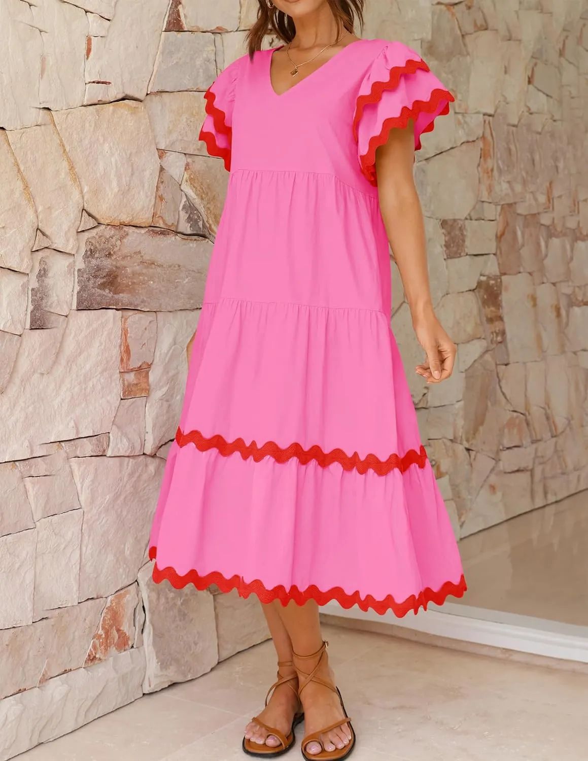 Robe midi femme – Encolure en V – Manches volantes – Coupe fluide – Tissu respirant