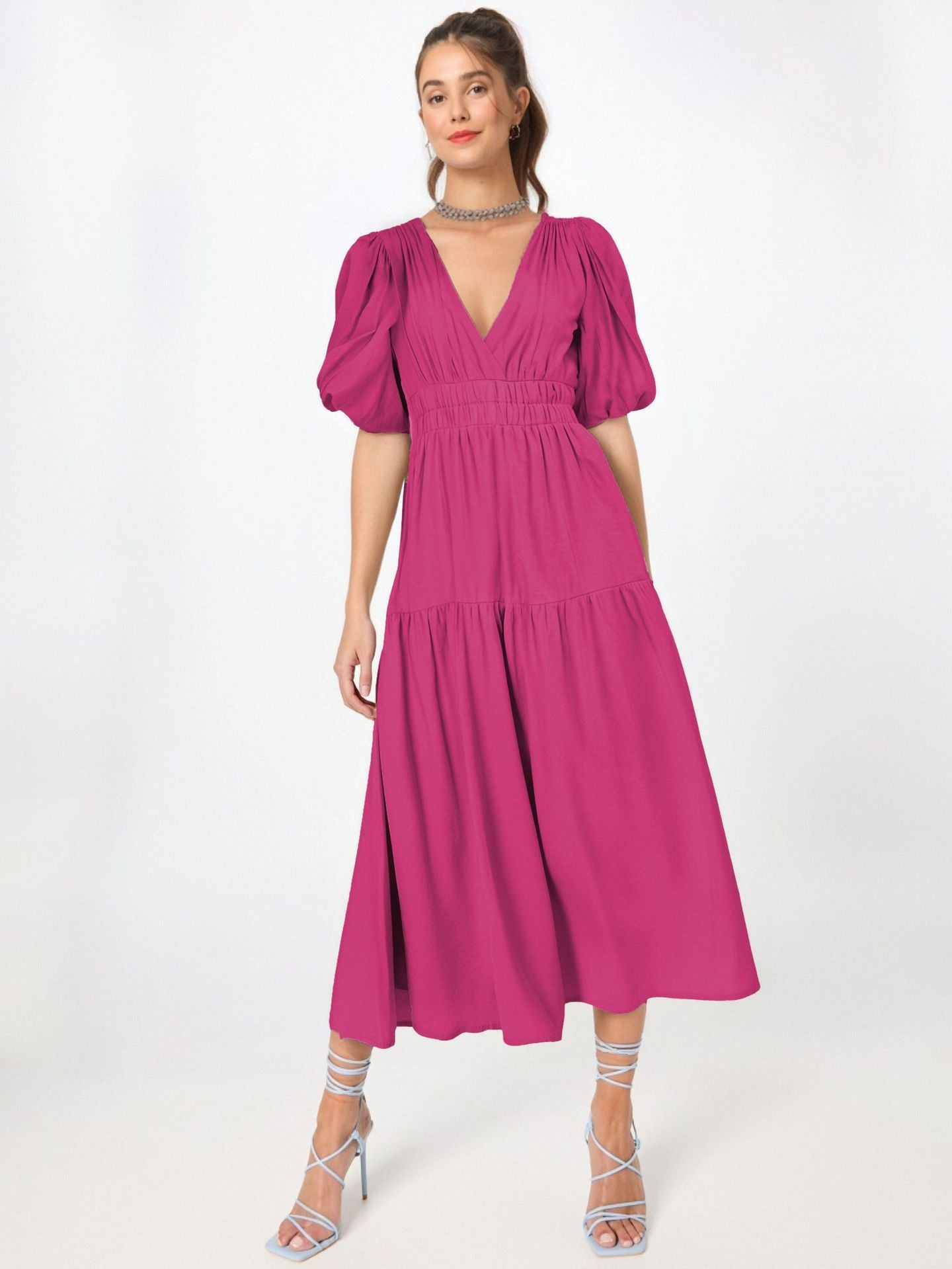 Robe midi femme – Taille cintrée – Manches bouffantes – Décolleté en V – Jupe fluide à volants