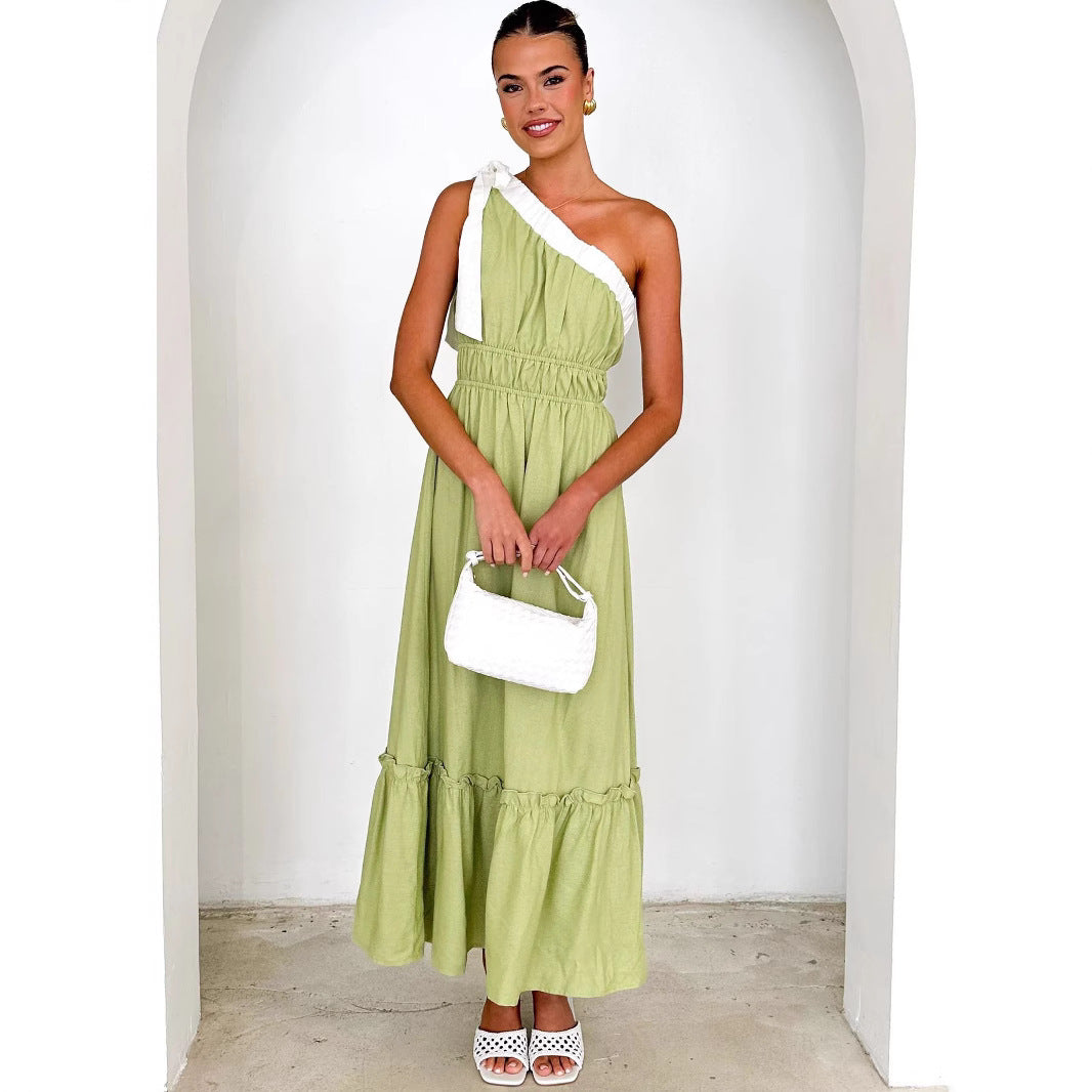 Robe femme unilatérale – Coupe évasée midi – Coton mélangé – Volants et étages