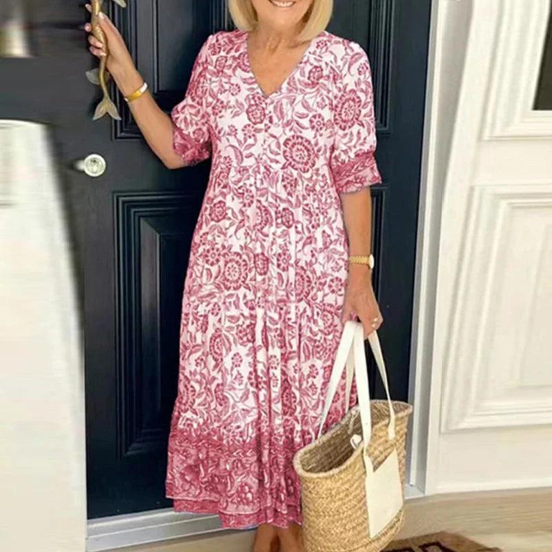 Robe bohème imprimée à col V pour femmes - Fluide et légère