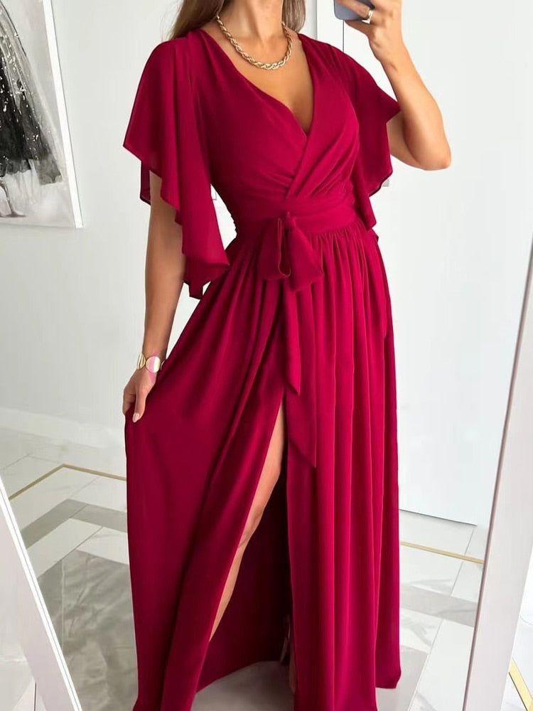Robe Longue Femme – Décolleté Cache-Cœur – Manches Volants – Ceinture Taille – Fendue Élégante