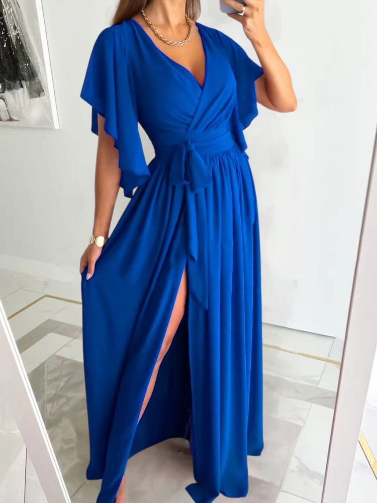 Robe Longue Femme – Décolleté Cache-Cœur – Manches Volants – Ceinture Taille – Fendue Élégante