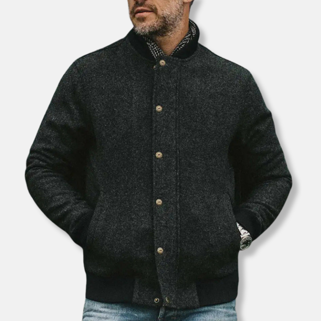Blouson Homme – Style Bombers – Laine Mélangée – Coupe Décontractée – Finitions Côtelées