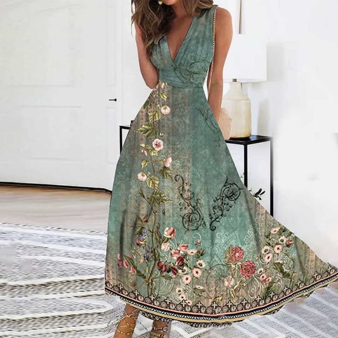 Robe longue femme – Tissu respirant – Sans manches – Décolleté en V – Imprimé fleuri