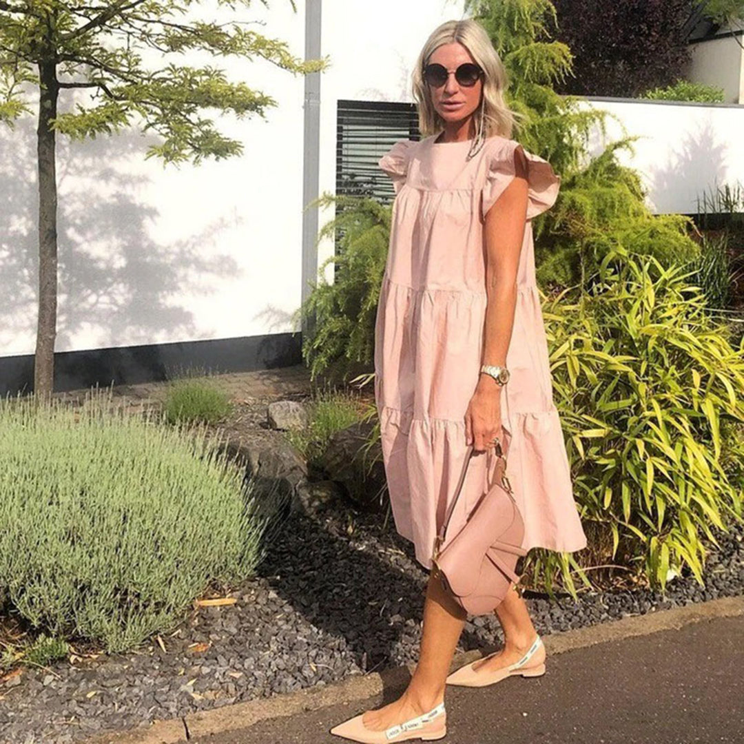 Robe Midi Femme - Coupe Évasée Confortable - Manches Courtes - Col Rond Élégant