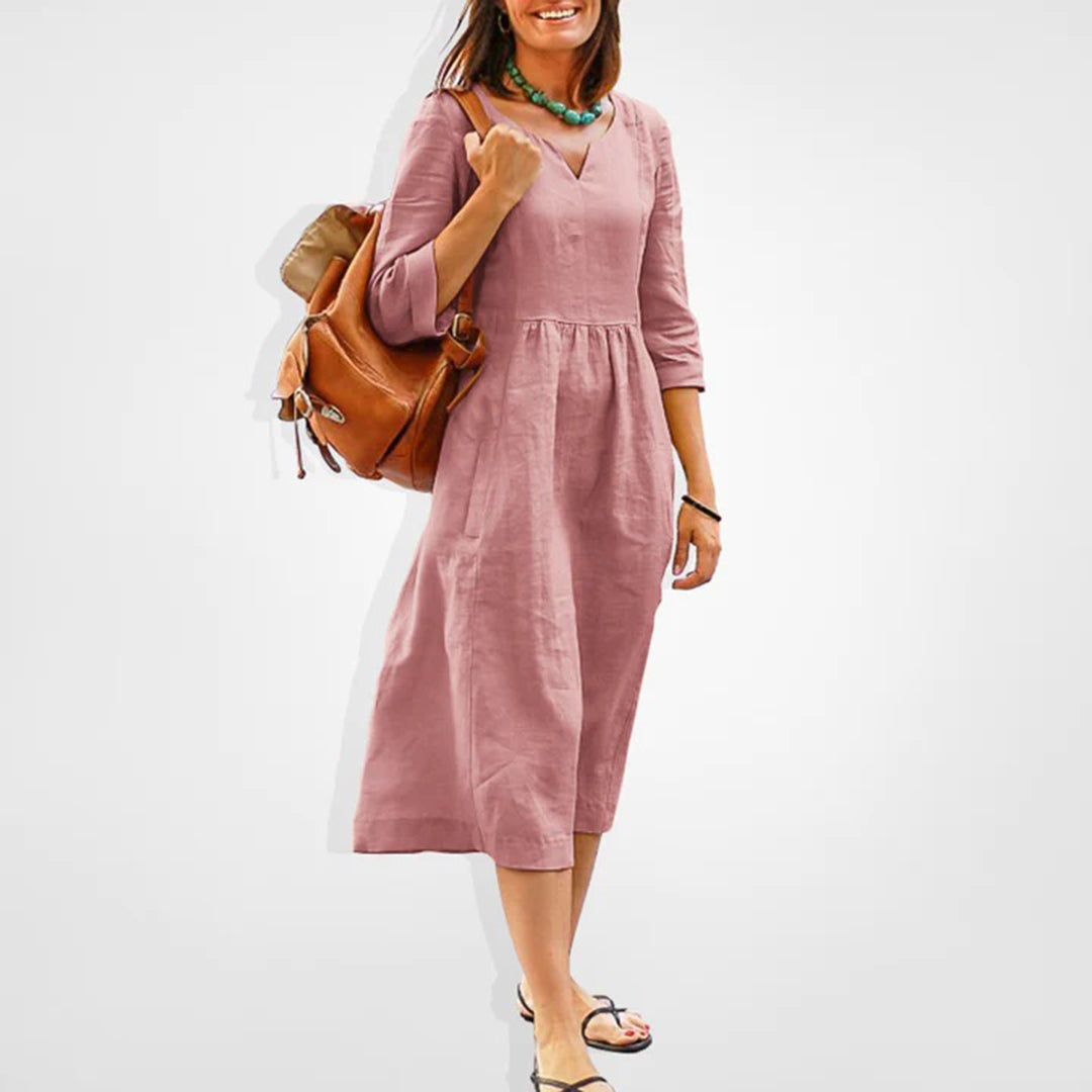 Robe Midi Femme - Tissu Léger Respirant - Col V - Manches 3/4 - Taille Froncée