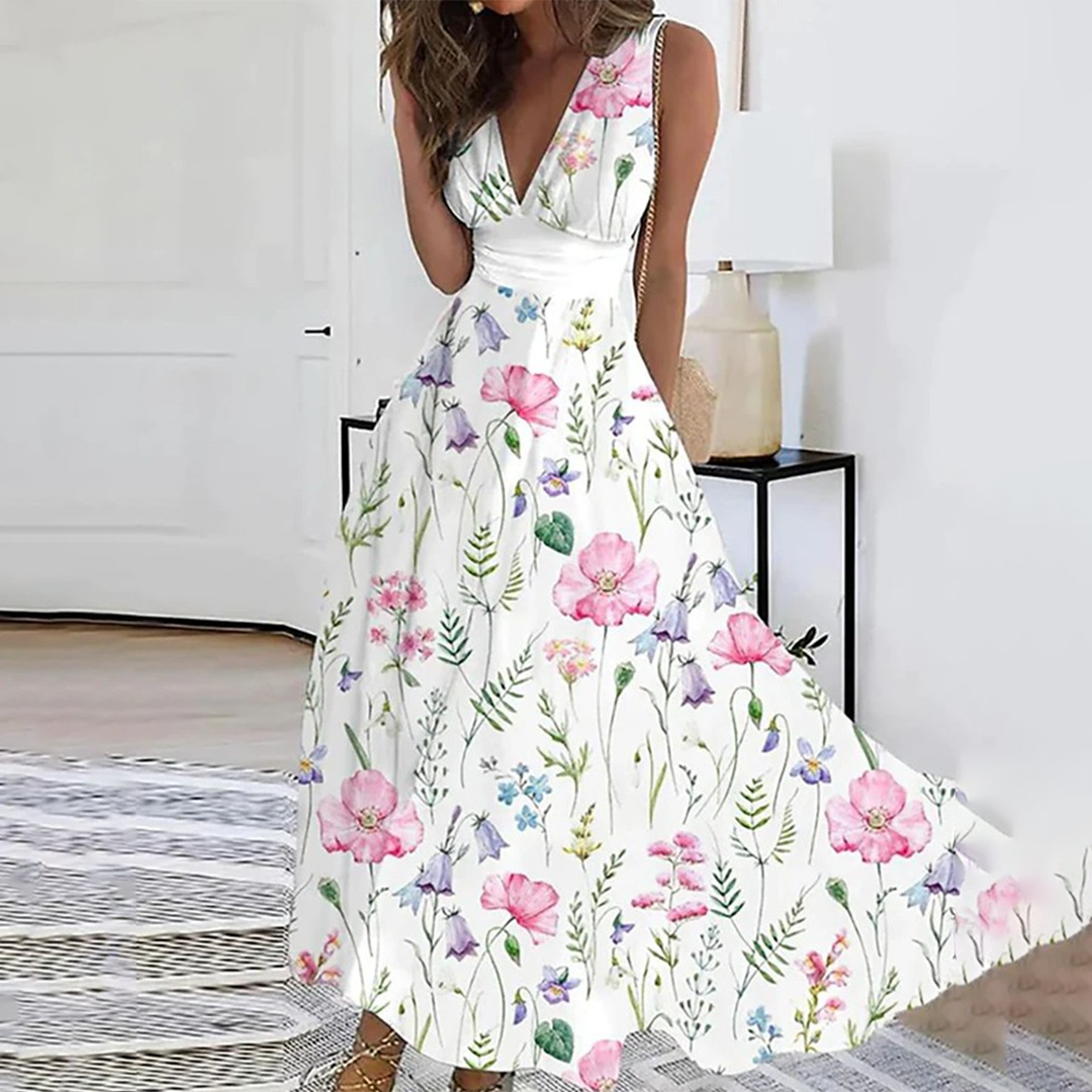Robe Maxi Femme - Sans Manches - Décolleté Plongeant - Imprimé Fleuri Élégant