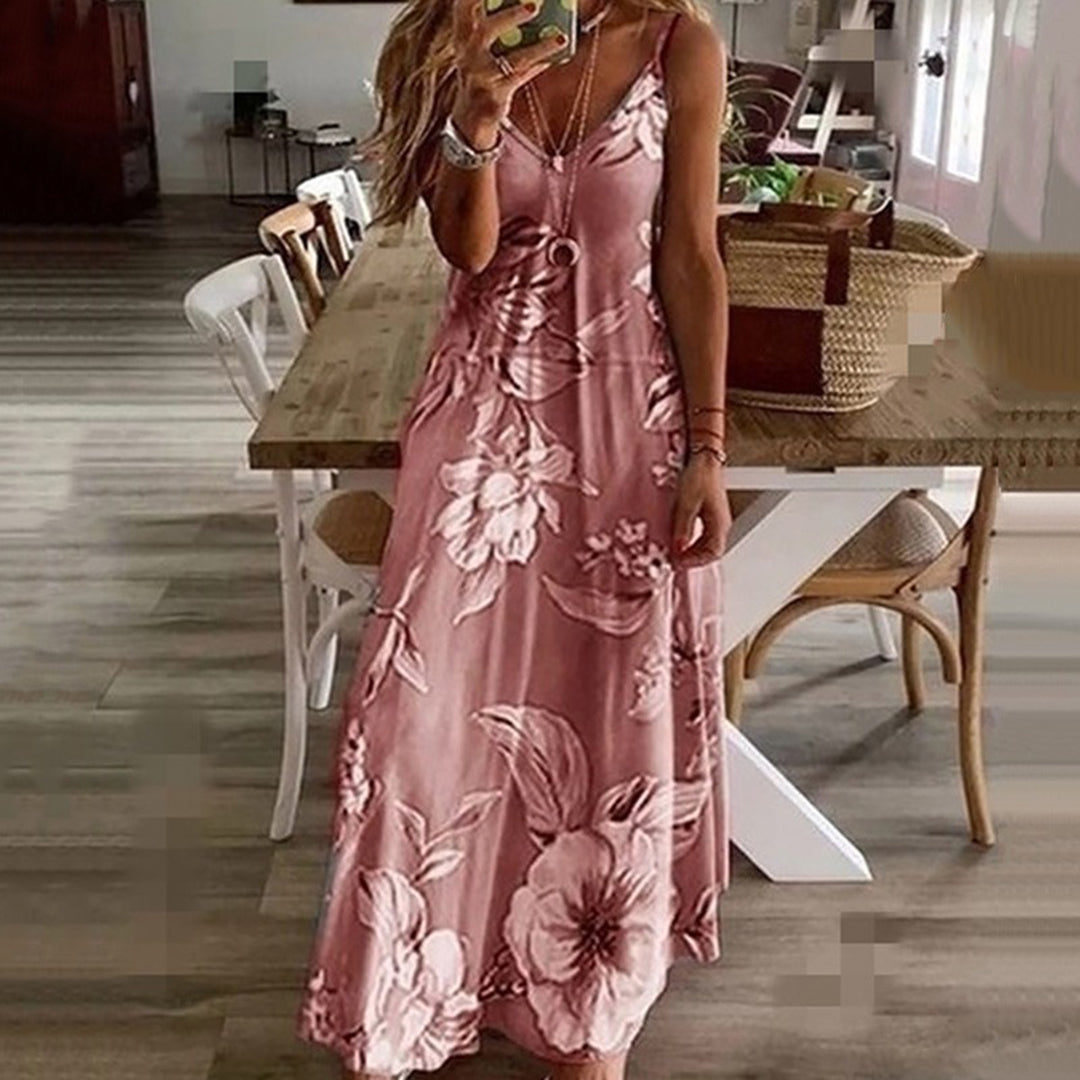 Robe Maxi Femme - Sans Manches - Col V - Bretelles Fines - Motif Fleuri Aérien
