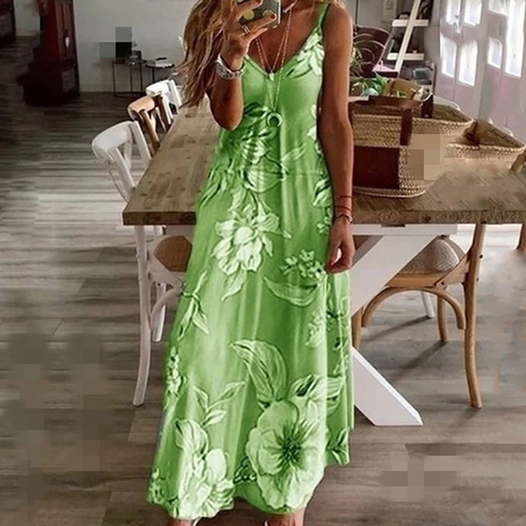 Robe Maxi Femme - Sans Manches - Col V - Bretelles Fines - Motif Fleuri Aérien