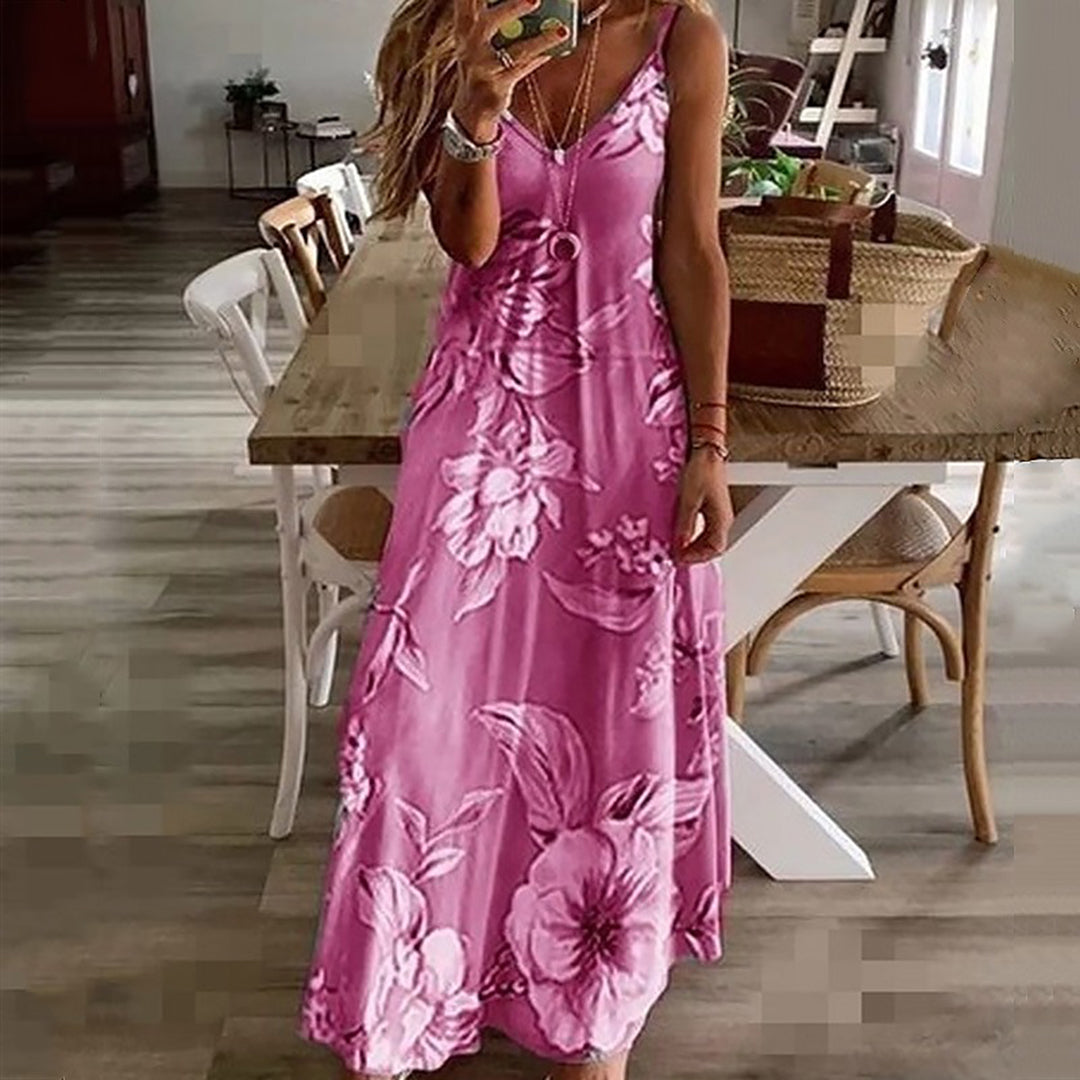 Robe Maxi Femme - Sans Manches - Col V - Bretelles Fines - Motif Fleuri Aérien