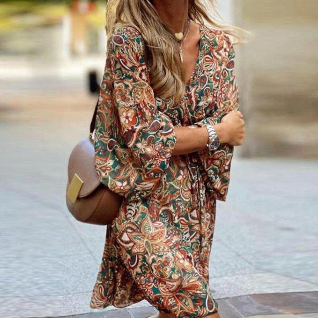 Robe Bohème Femme - Coupe Fluide - Manches Longues Évasées - Motif Paisley - Ceinture Ajustable