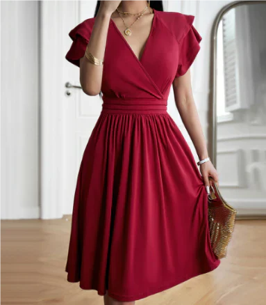 Robe midi femme – Décolleté cache-cœur – Manches papillon – Coupe évasée fluide