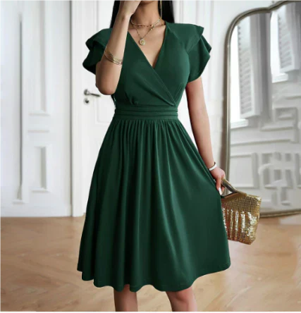 Robe midi femme – Décolleté cache-cœur – Manches papillon – Coupe évasée fluide