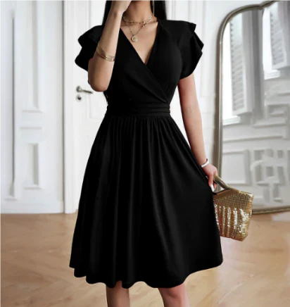 Robe midi femme – Décolleté cache-cœur – Manches papillon – Coupe évasée fluide