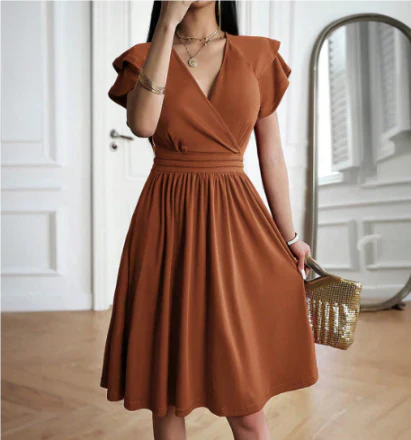 Robe midi femme – Décolleté cache-cœur – Manches papillon – Coupe évasée fluide