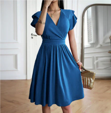 Robe midi femme – Décolleté cache-cœur – Manches papillon – Coupe évasée fluide