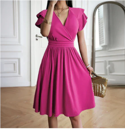 Robe midi femme – Décolleté cache-cœur – Manches papillon – Coupe évasée fluide