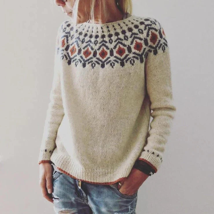 Pull femme – Coupe décontractée – Maille laine – Motif Fair Isle – Finitions côtelées