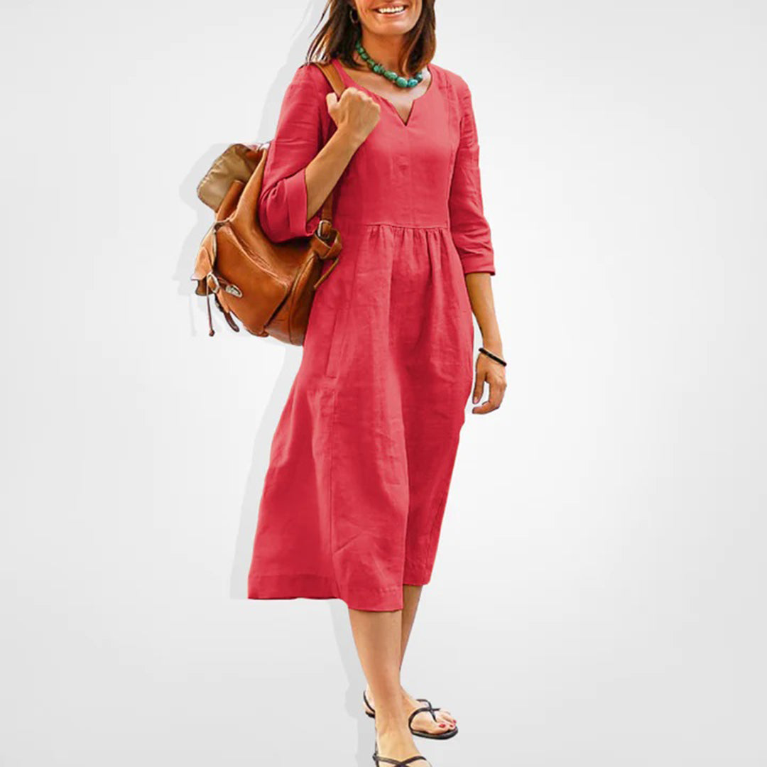 Robe Midi Femme - Tissu Léger Respirant - Col V - Manches 3/4 - Taille Froncée