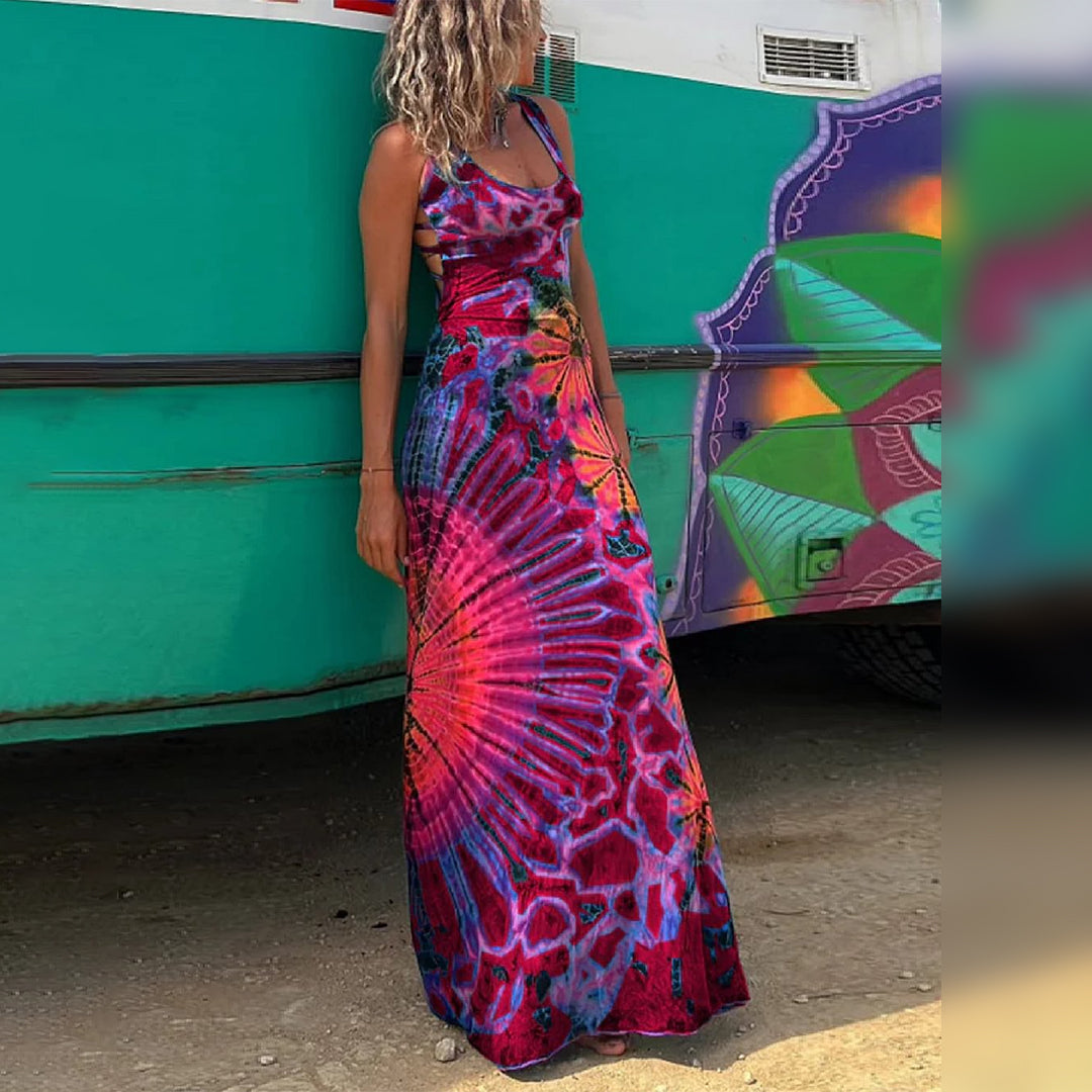 Robe Longue Femme – Sans Manches – Fluide et Légère – Motif Tie-Dye – Tenue Décontractée