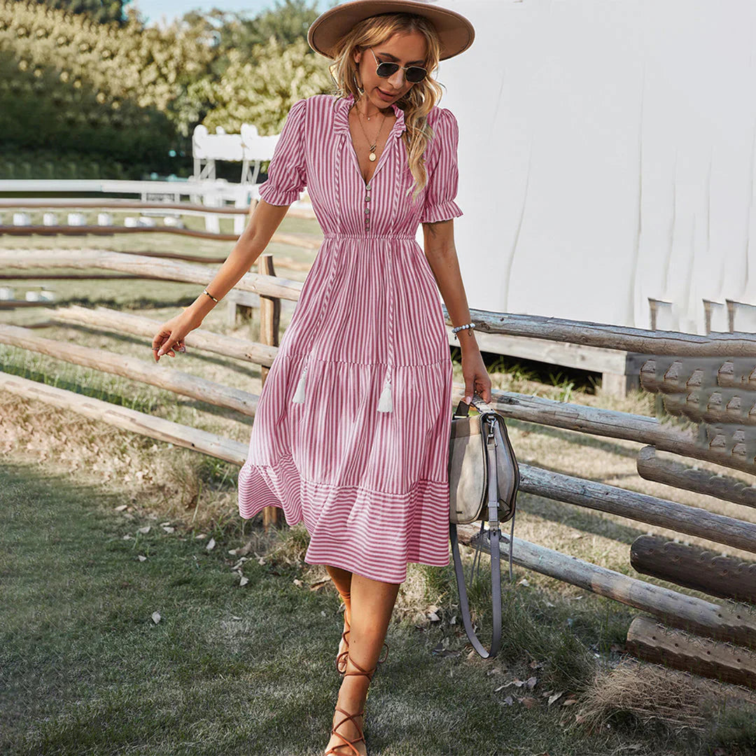Robe Midi Femme - Col V Boutonné - Manches Bouffantes - Coupe Ample Bohème
