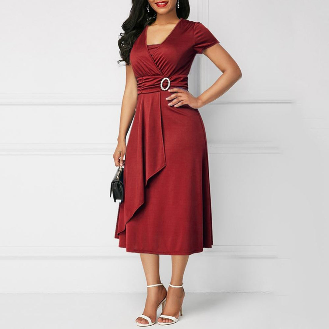 Robe Midi Femme - Coupe Portefeuille - Manches Courtes - Décolleté V - Ourlet Asymétrique