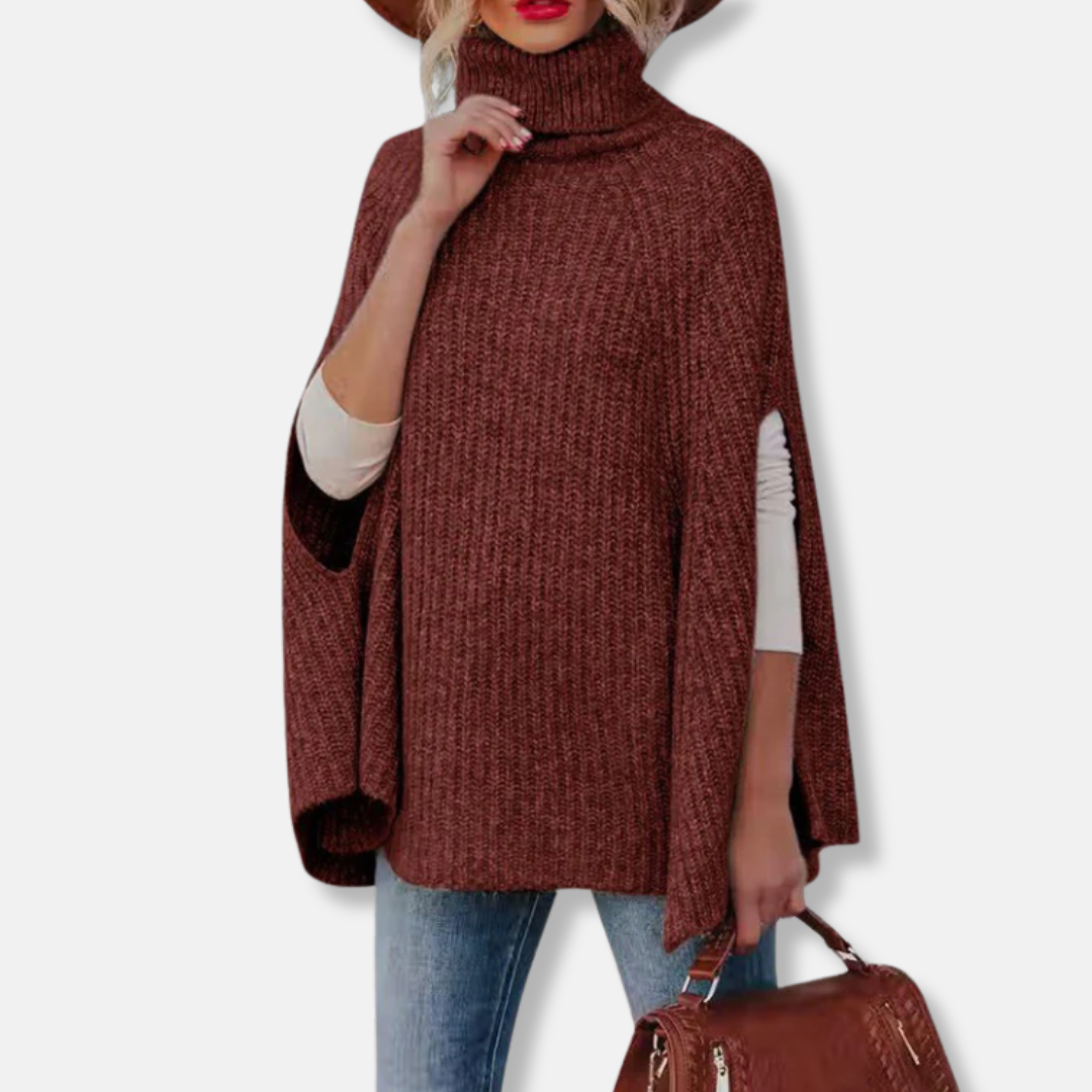 Pull cape femme – Coupe ample – Col montant – Maille côtelée – Mélange laine