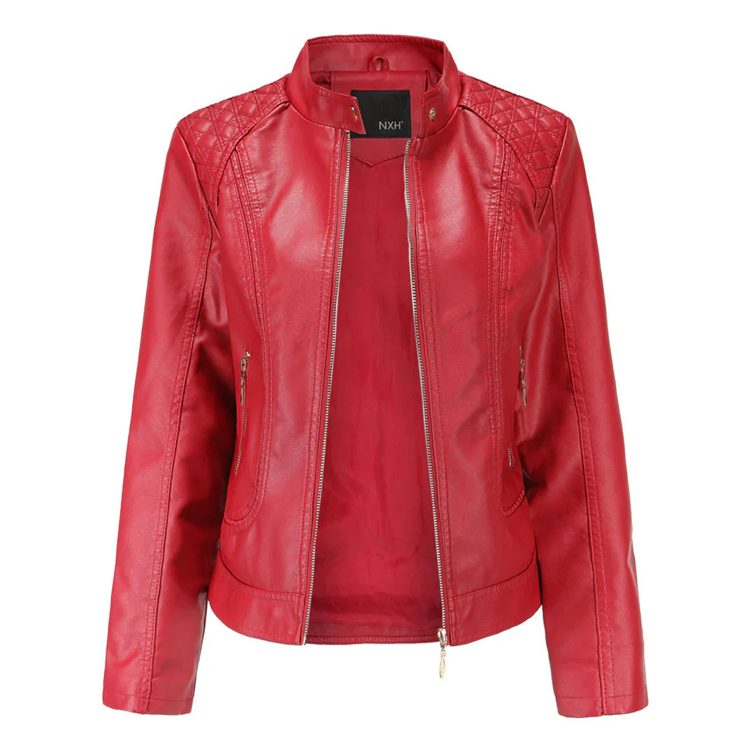 Veste en cuir femme – Coupe slim – Épaules matelassées – Col montant – Poches zippées