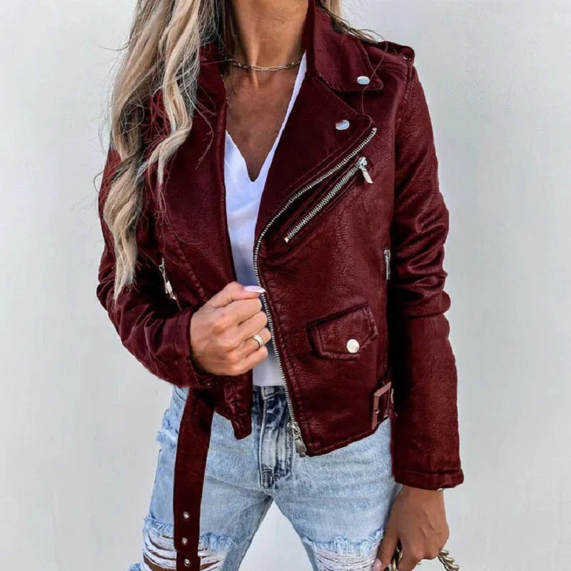 Veste biker femme – Coupe ajustée – Similicuir – Zip asymétrique – Ceinture taille