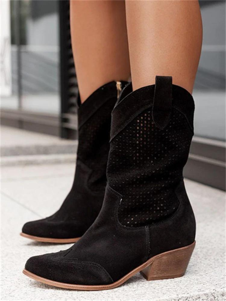 Bottes western femme – Cuir lisse – Talon moyen – Mi-mollet – Motif perforé – Zip côté