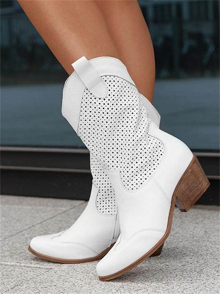 Bottes western femme – Cuir lisse – Talon moyen – Mi-mollet – Motif perforé – Zip côté