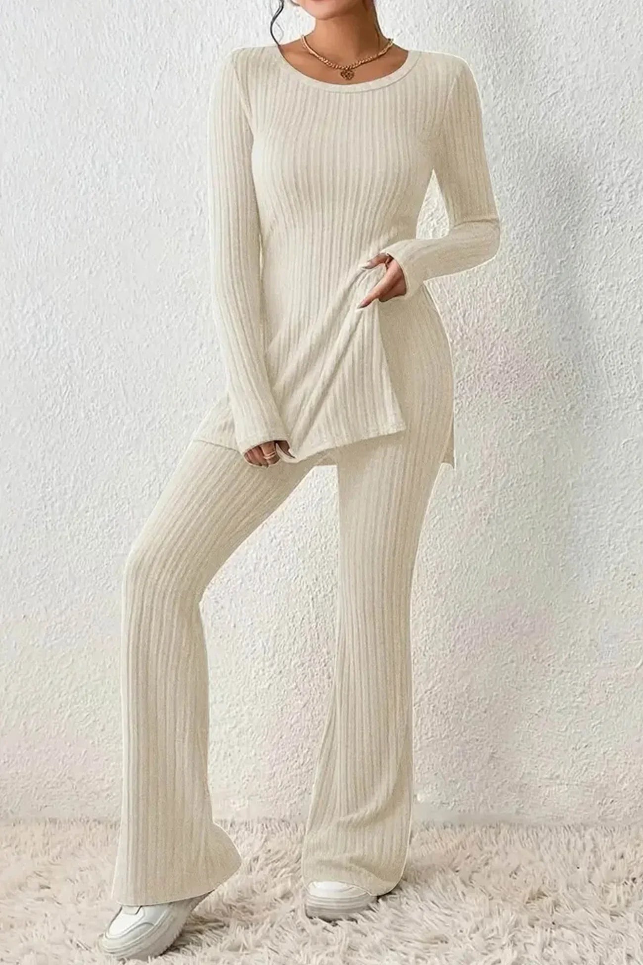 Ensemble Femme Loungewear - Maille Côtelée - Manches Longues - Pantalon Large