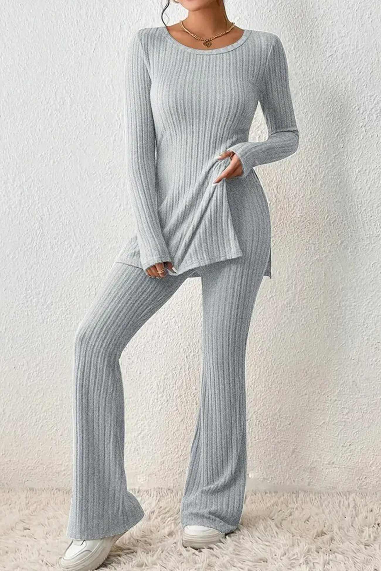 Ensemble Femme Loungewear - Maille Côtelée - Manches Longues - Pantalon Large