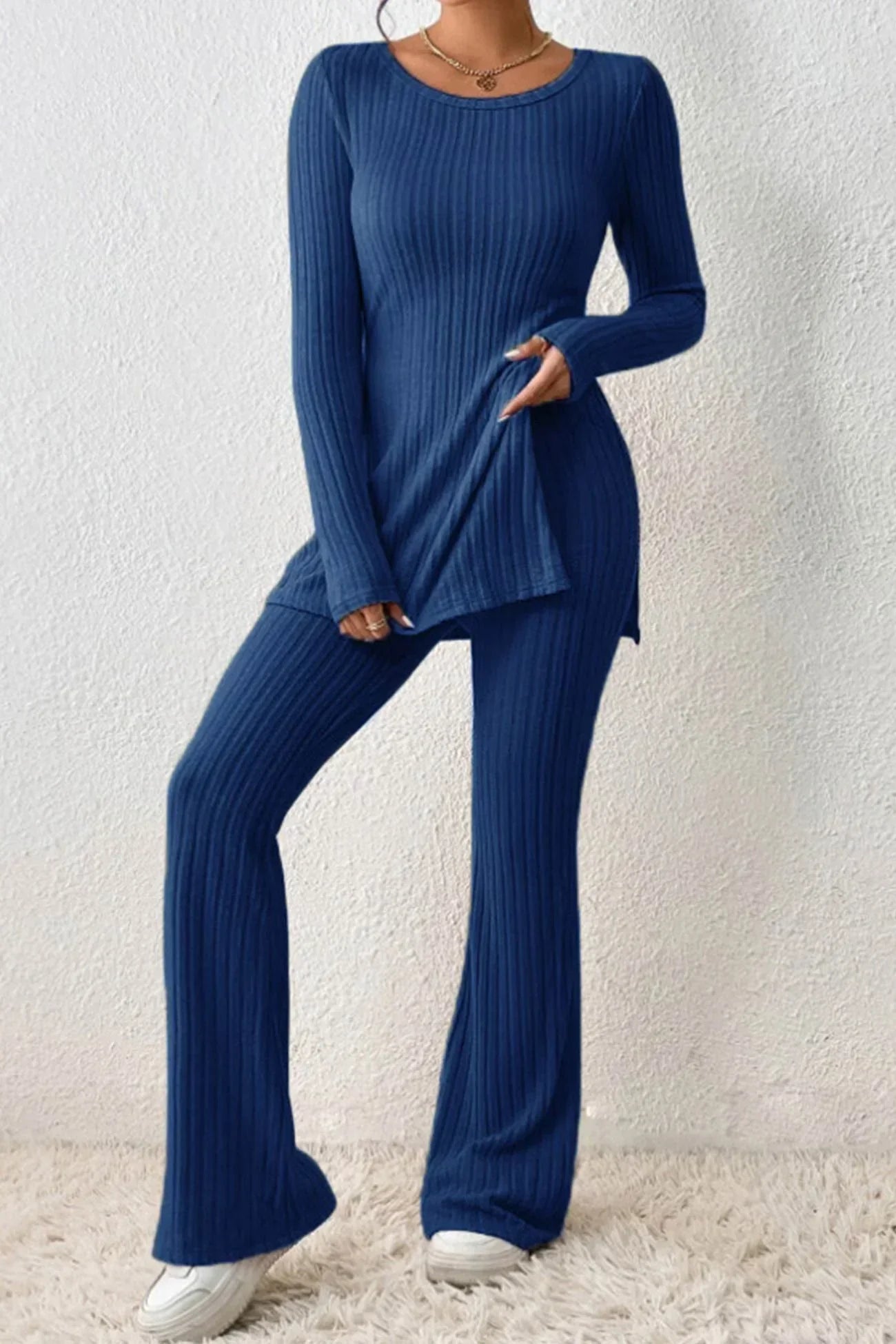 Ensemble Femme Loungewear - Maille Côtelée - Manches Longues - Pantalon Large