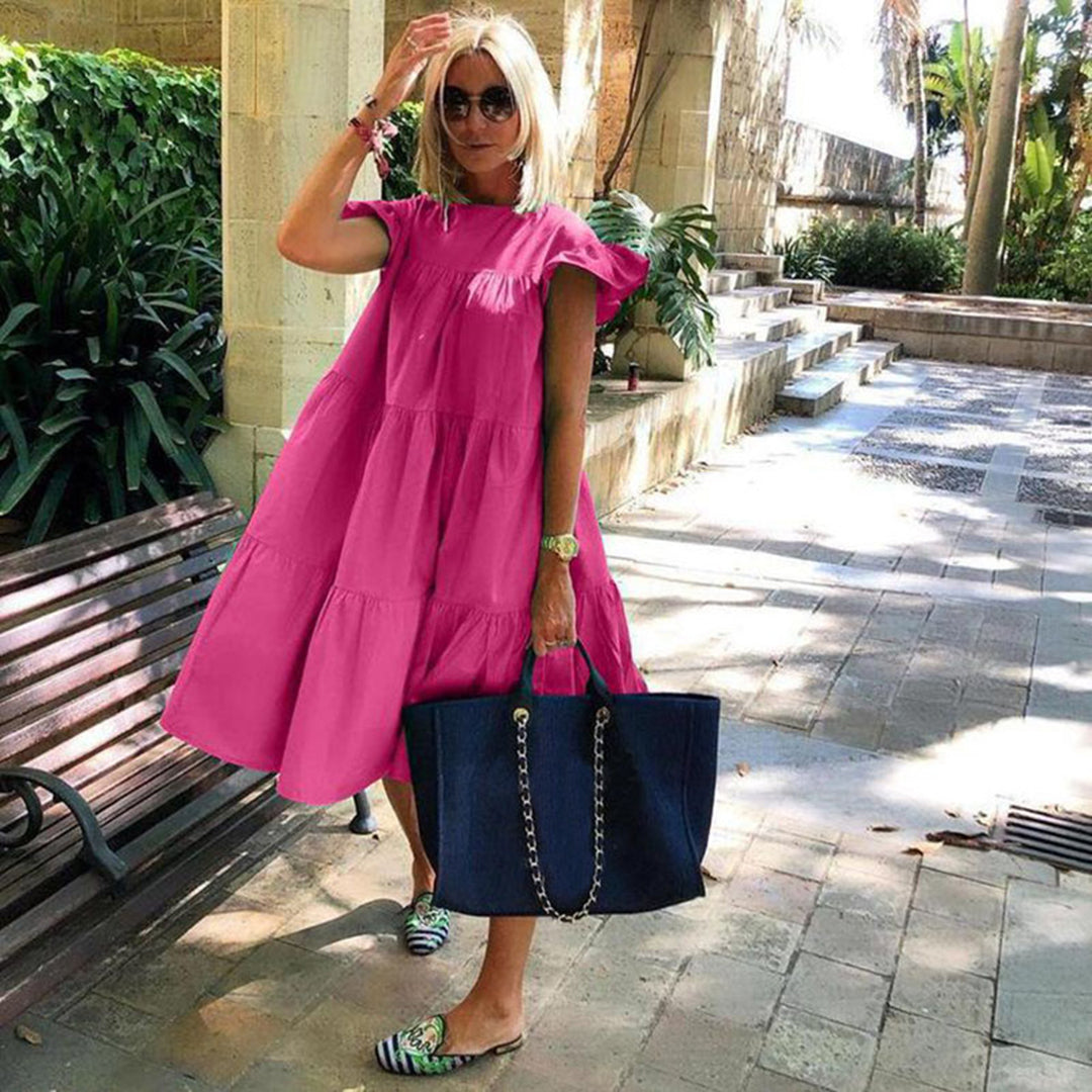 Robe Midi Femme - Coupe Évasée Confortable - Manches Courtes - Col Rond Élégant