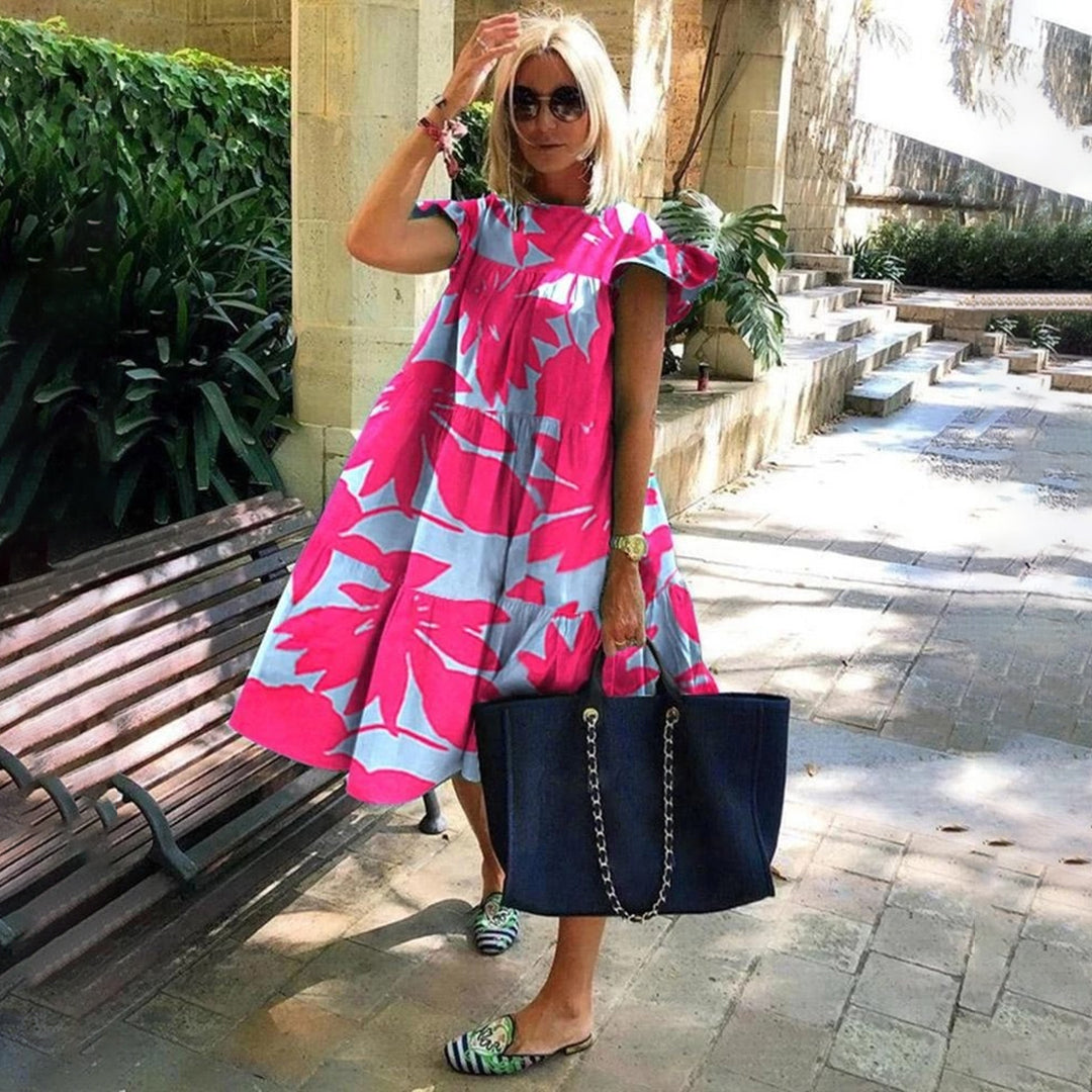 Robe Midi Femme - Coupe Évasée Confortable - Manches Courtes - Col Rond Élégant