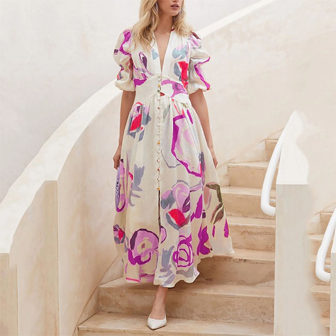 Robe Longue Femme - Imprimé Fleuri - Manches Bouffantes Courtes - Col V - Taille Cintrée