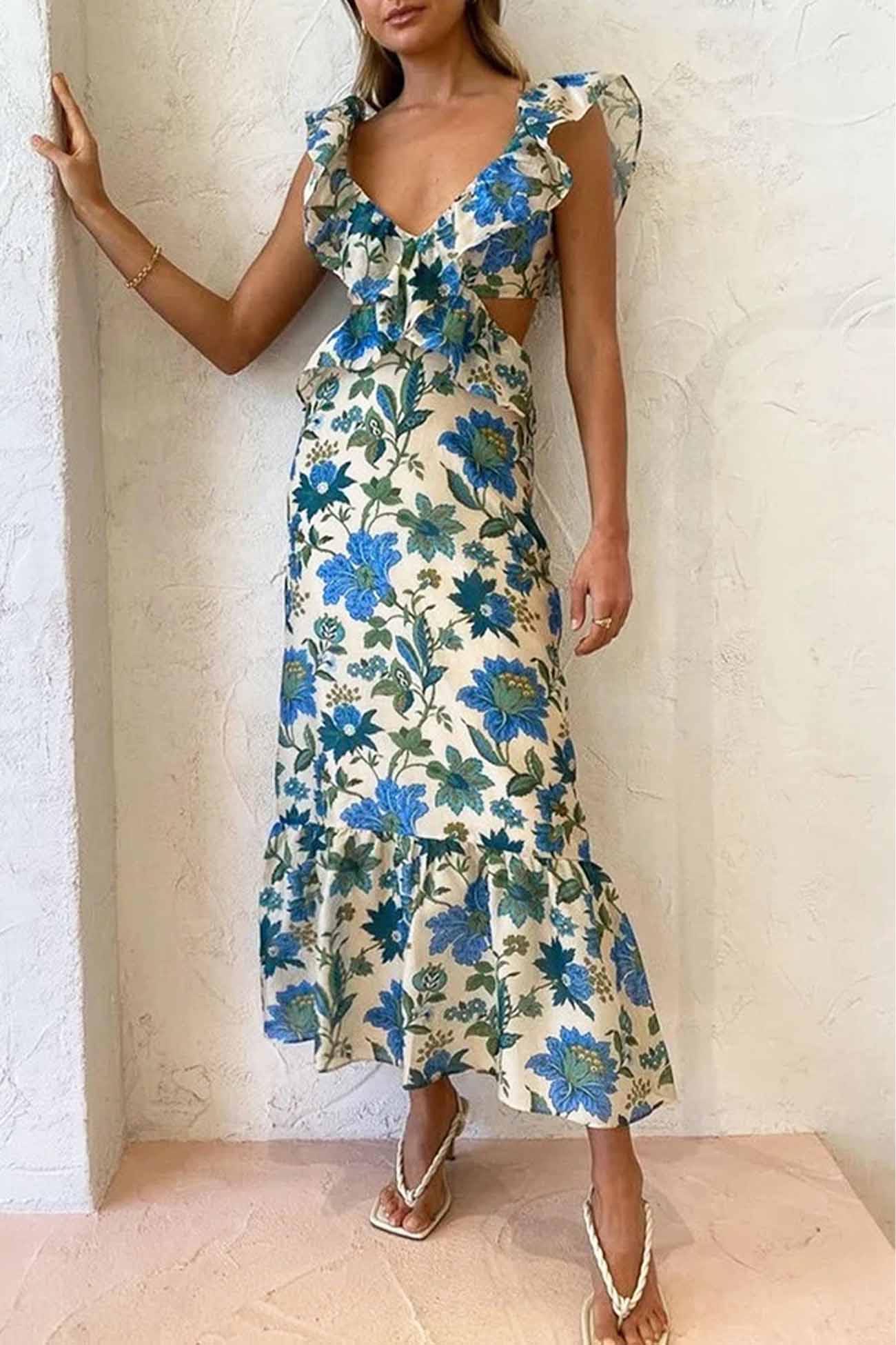 Robe Longue Femme – Imprimé Floral – Décolleté Volanté – Découpe Taille – Tissu Léger