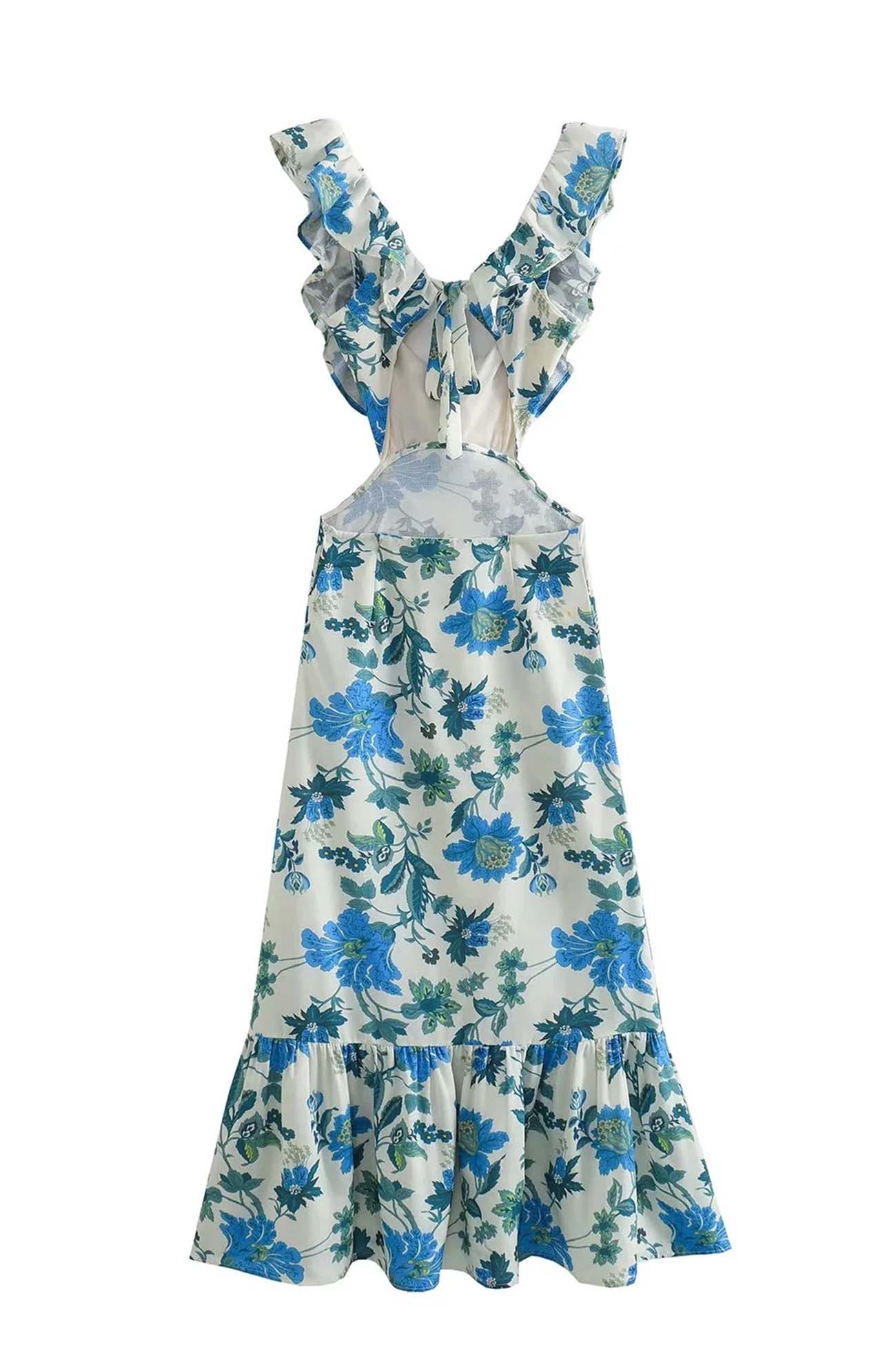 Robe Longue Femme – Imprimé Floral – Décolleté Volanté – Découpe Taille – Tissu Léger