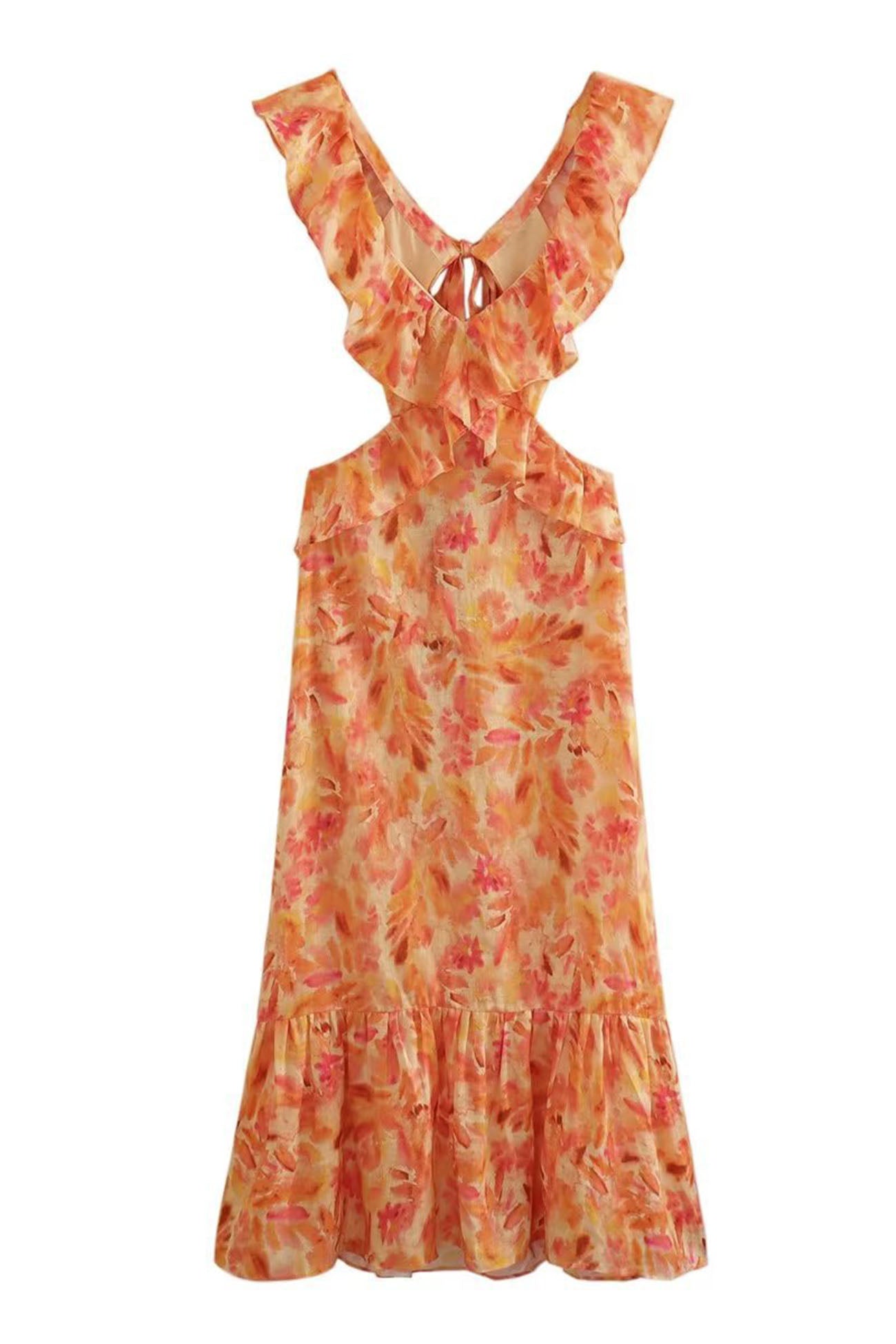Robe Longue Femme – Imprimé Floral – Décolleté Volanté – Découpe Taille – Tissu Léger