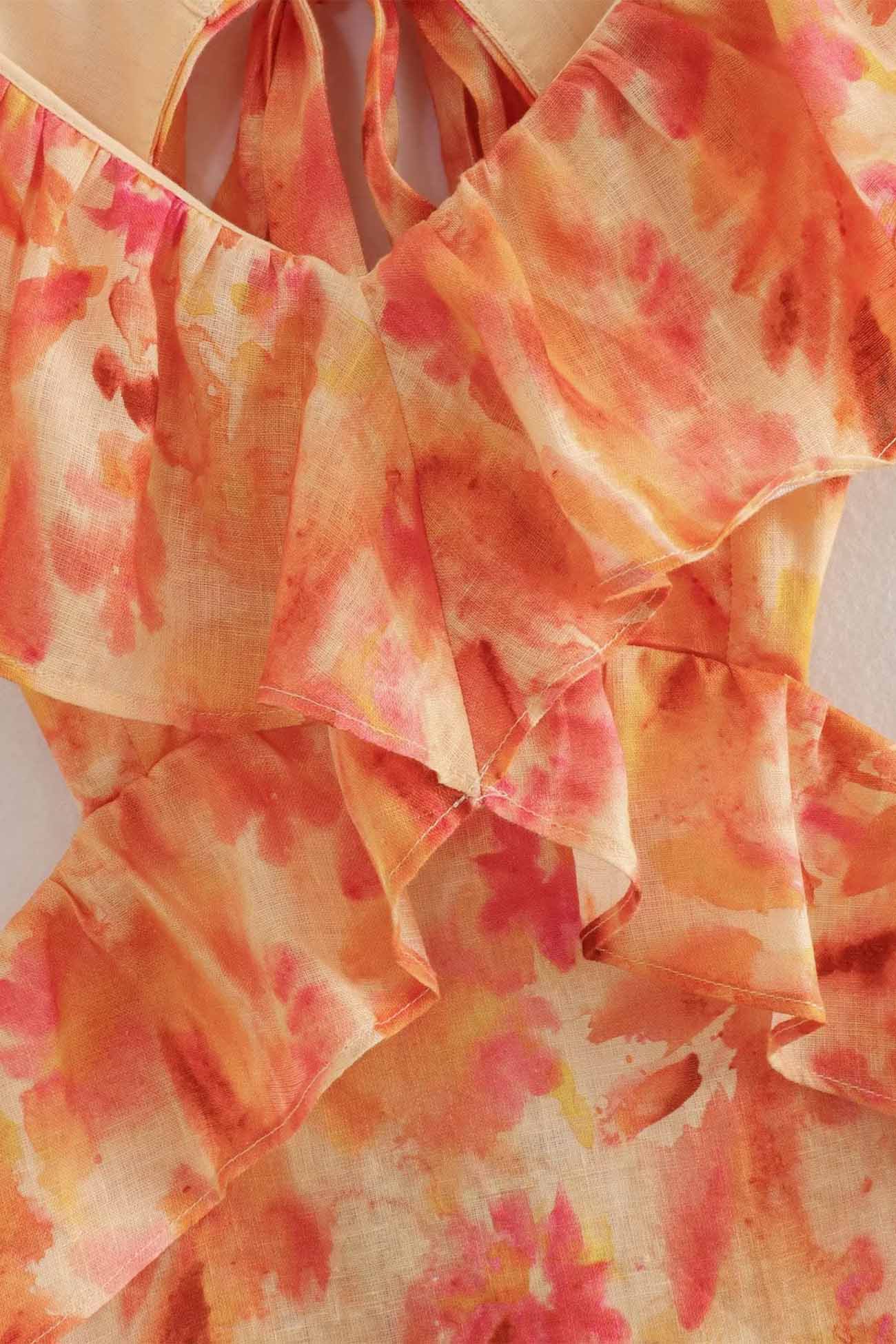 Robe Longue Femme – Imprimé Floral – Décolleté Volanté – Découpe Taille – Tissu Léger