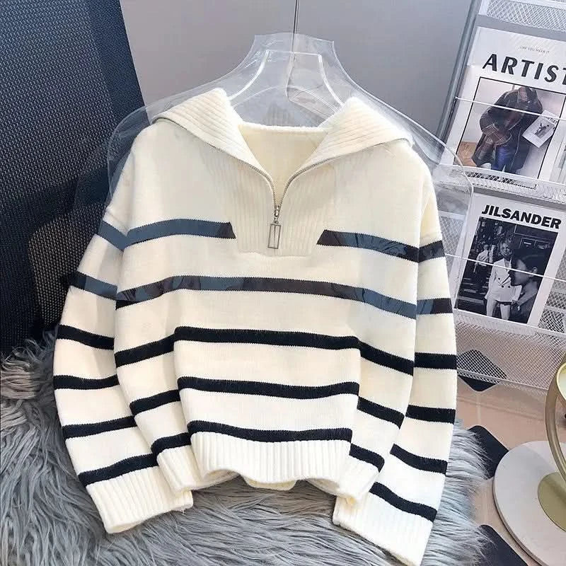 Pull à demi-zip à rayures classique, confortable et douillet pour femme