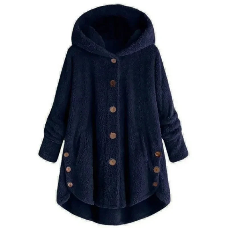 Veste polaire femme – Coupe décontractée – Capuche – Boutons – Ourlet arrière long